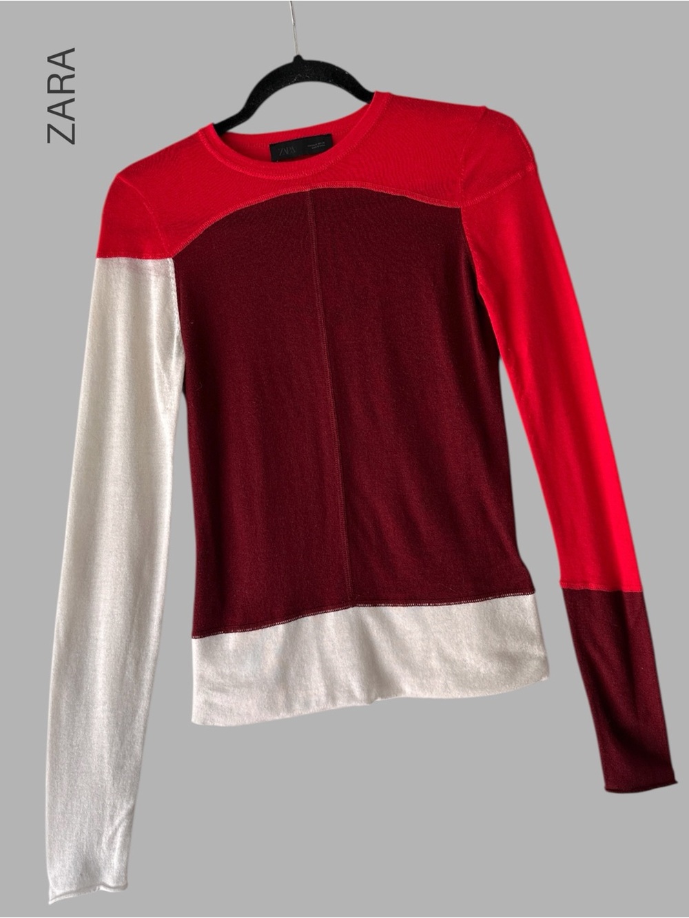 ZARA LIKE NEW FINE-KNIT WOOL BLEND SWEATER TOP COLOR BLOCK CREWNECK | SMALL